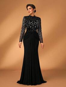 Serin Đầm maxi dài tay dáng đuôi cá sang trọng, đính cườm và sequin, chất liệu vải xuyên thấu, co giãn, họa tiết hoa, thích hợp cho đám cưới, tiệc tùng, kỳ nghỉ, dạ hội, tiệc cô dâu, váy dạ hội cho mẹ cô dâu (đính kết rất cầu kỳ). - màu đen - Xem 3
