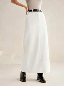 Anewsta 高腰直筒长裙，适合女性休闲办公通勤穿着。 - 白色 - 查看 3