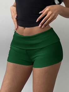 SHEIN BASICS 女士纯色针织低腰修身运动短裤 - 軍綠色 - 查看 4