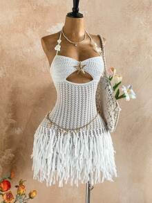 Soleia Women's Sexy Backless Tassel Hem Vacation Knit Dress Vacation Outfits Women Summer Holiday Outfits Summer Dress  Valentine's Day Beach Dress White Dress