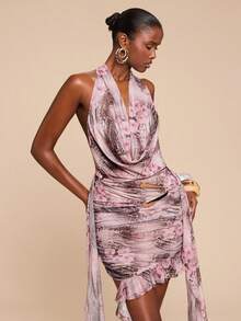 SHEIN BAE 优雅女士连衣裙，豹纹与花卉印花，露背系带，荷叶边下摆，金属腰带扣装饰，适合海滩派对、度假、浪漫约会、鸡尾酒会等场合。 - 彩色 - 查看 3