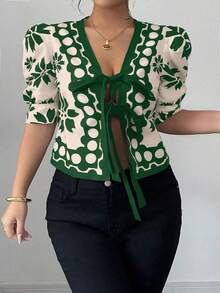 Elenzga Plus Size Bowknot Colorblock Short Sleeve Shirt With Digital Print, Unique Design, Vacation Style - Green - View 5