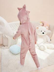 年轻女孩简约时尚粉色恐龙毛绒长袖连帽连体裤舒适保暖家居服 - 粉色 - 查看 5