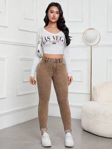 Jeanoix Women's Casual Washed Slim Fit Denim Jeans - Brown - View 4