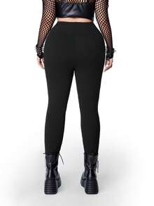 Whyspr Valentines Casual Punk Valentine's Day Heart Mesh Sheer Patchwork Elastic Fitted Plus Size Leggings - Black - View 2