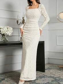 Modelyn Urban Elegant White Lace Fitted Dress For Women Long Evening Dresses - White - View 2