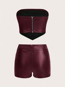SHEIN ICON Women Y2k Fashionable Music Rave Festival Sexy Party Club Outfits Leather Strapless Crop Top With Eyelet Embellishments And Low-Waist Cross Tie Eyelet Embellished Shorts Set Burgundy - Burgundy - View 4