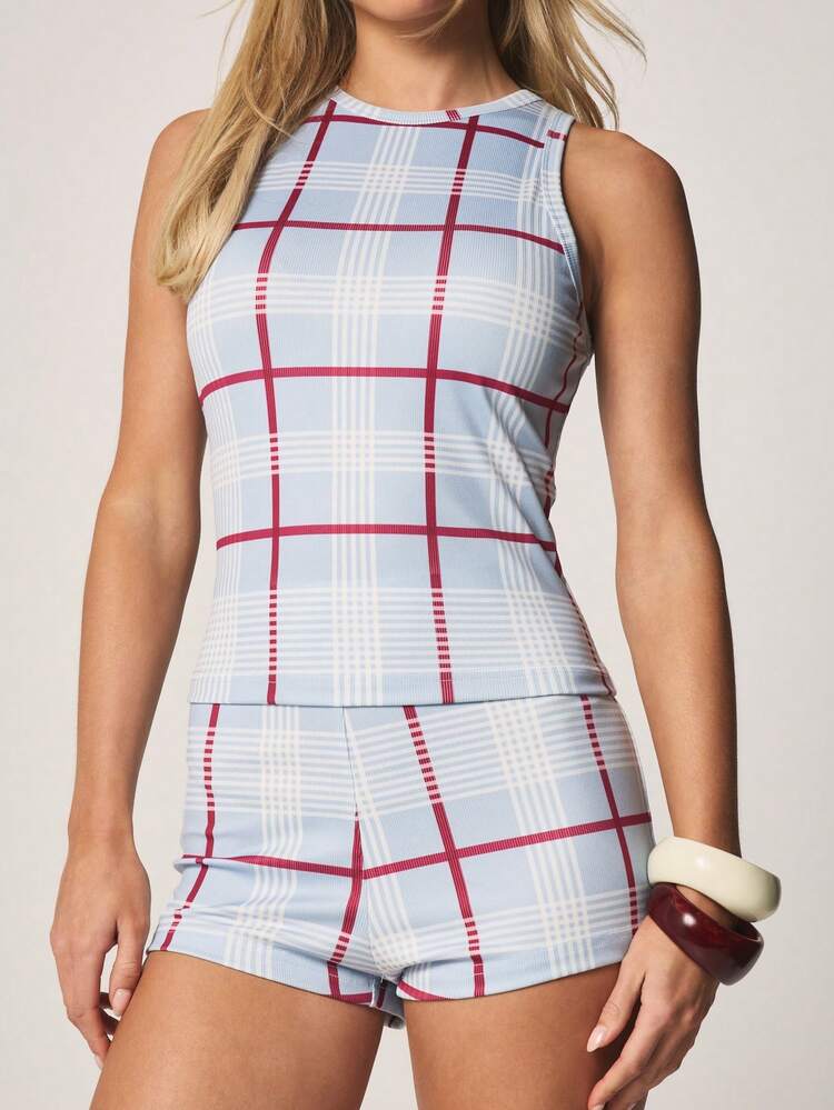 MISSGUIDED Plaid Check Pattern High Neck Tank Top And Hot Pants Matching Co Ord Set Summer Outfit