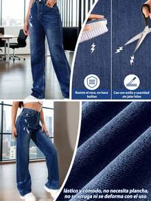 1 par de vaqueros versátiles para mujer, de corte recto con bolsillos, con un diseño ajustado y lavado desgastado. - Azul lavado profundo - Ver 3