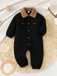 SHEIN 男婴保暖连体衣，加厚保暖高领长袖连体裤套装，舒适百搭休闲可爱简约基础款，适合秋冬季室内、室外、日常穿着、运动、玩耍、派对、万圣节等场合。