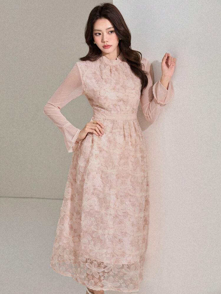 Women's Floral Print Dress With Stand Collar And Long Sleeves Sundress