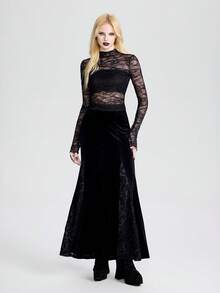 Breakform Gothic Style Sexy Semi-Sheer Lace Mock Neck Long Sleeve Fitted Cropped T-Shirt - Black - View 6