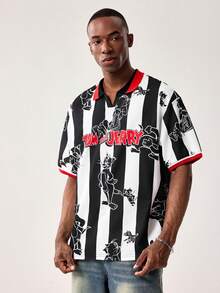 TOM & JERRY X SHEIN Men's Casual Striped Cartoon Pattern Short Sleeve T-Shirt, Summer - Black - View 3