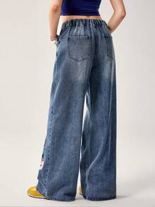 TOM & JERRY X SHEIN 女士时尚休闲水洗卡通图案阔腿牛仔裤 - 藍色 - 查看 2