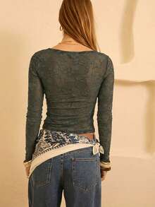 Aralina Women's Boat Neck Raglan Sleeve Fitted Elegant T-Shirt - Army Green - View 2