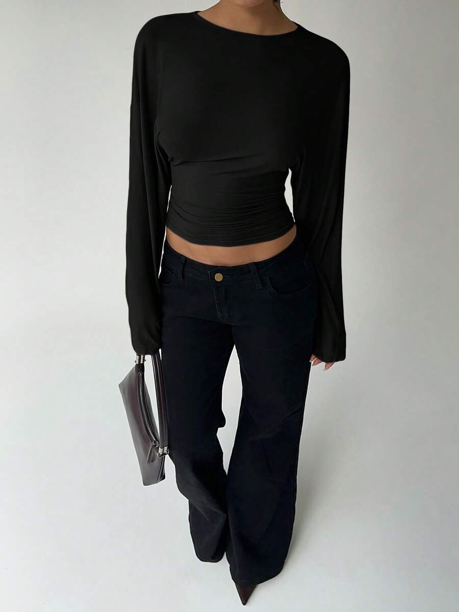 Aloruh 女士休闲纯色收腰T恤，宽松上衣，紧身下装，秋冬款 - 黑色 - 查看 1