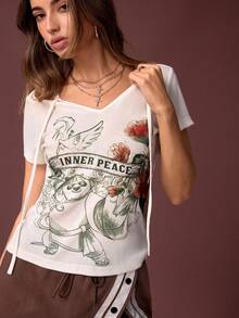 SHEIN Kung Fu Panda Women's Casual Basic White And Short Sleeve T-Shirt Golf - White - View 4