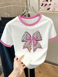 Resyla 女士撞色滚边休闲T恤，带蝴蝶结图案，夏季 - 白色 - 查看 1