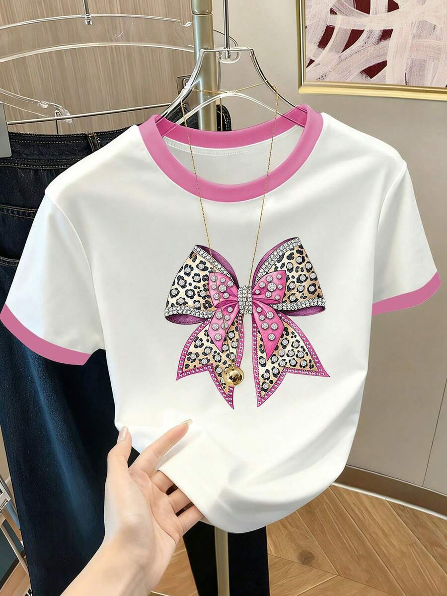 Resyla 女士撞色滚边休闲T恤，带蝴蝶结图案，夏季 - 白色 - 查看 1