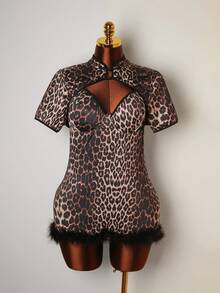 3pcs Women's Sexy Leopard Print Faux Fur Bodycon Dress Set - Multicolor - View 1