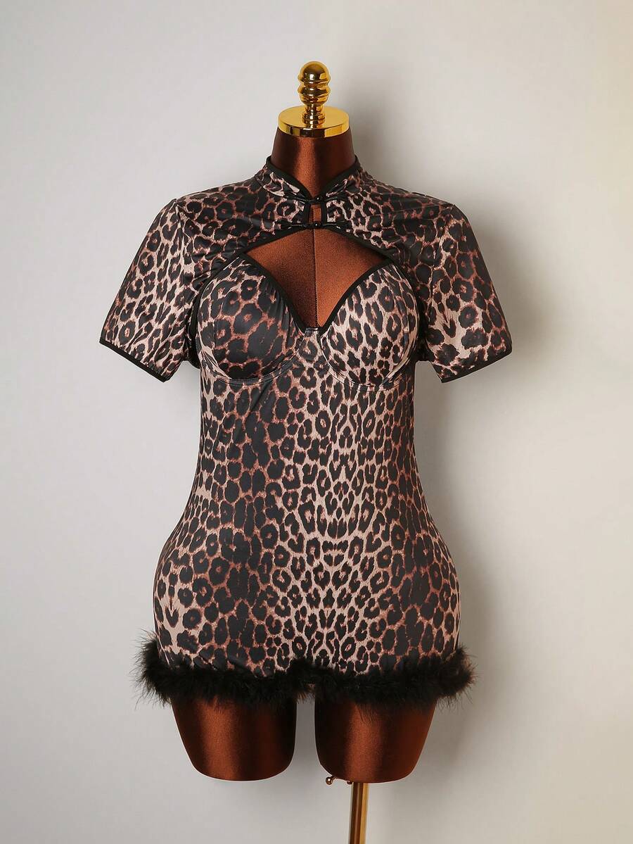3pcs Women's Sexy Leopard Print Faux Fur Bodycon Dress Set - Multicolor - View 1