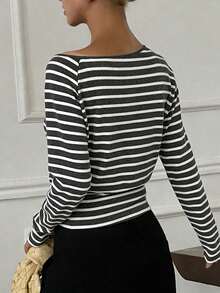 DAZY Tricou elegant casual cu dungi periate pentru femei, cu guler rotund și talie ajustată