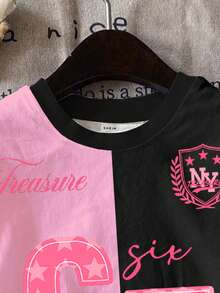 1件青少年女孩休闲个性化数字67标语T恤，星星印花，蝴蝶结装饰，黑粉拼接，短袖圆领图案T恤，适合夏季穿着 - 彩色 - 查看 4