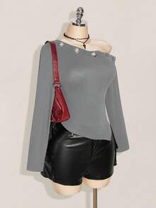 SHEIN ICON Áo len dệt kim tay dài đính lỗ kim loại chéo vai cỡ lớn, thời trang thu đông Y2K cổ điển - Màu Xám nhạt - Xem 4