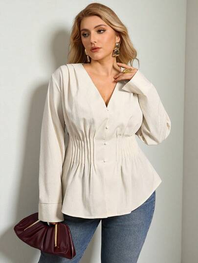 Auralis Autumn New Waist Cinching Long Sleeve Flare Cuff Slit Plus Size Apricot Elegant Commuter Everyday Wear Pleated Waist Flared Hem Shirt For Women Pleated Top Long Sleeve Blouse Blouse V Neck Blouse Cream Blouse/Spring Pleated Waist Long-Sleeved Shirt For Commuters/ For Outings And Afternoon Tea/Teacher Work Clothes/White Shirt/White Blouse/White Outfit For New Year's Eve White Western Top White Blouses For Women Maternity Clothes Fall Winter Peplum Blouse