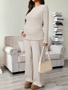 SHEIN 条纹修身套装：圆领长袖T恤和可调节腰围阔腿裤 - 杏色 - 查看 4