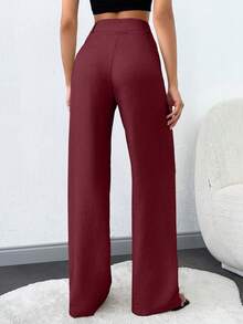 SHEIN Tall 100%纯棉高腰女士纯色斜口袋直筒裤 - 酒紅色 - 查看 2