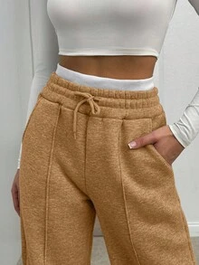 SHEIN Tall Cottnline Women Belt Detailed Wide Leg Grey Melange Sweatpant - Camel - View 4
