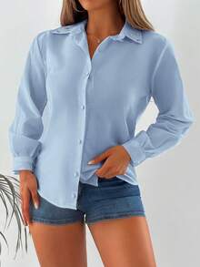 EURMUSE Áo sơ mi dài tay màu trơn cotton dành cho nữ - Màu xanh nhạt - Xem 4