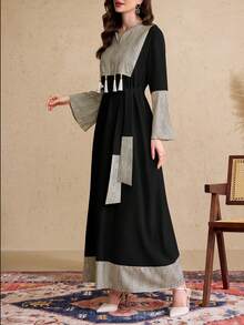 Al Najma Women's Elegant Arabic Style Splice Fringe Sleeve Long Dress, Arabian Dresses - Black - View 5