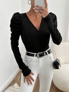 EURMUSE Gigot Sleeve V Neck Tee - Black - View 3