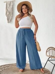 SHEIN CURVE+ Plus Size Women Summer Casual Beach Outfits, Fashion Business Commute Elegant Wide-Leg Pants With Pockets, Lotus Pink,Summer Pantssummer/Country/Beach Vacation Outfits/Beach Outfits/Beach Wear - Dusty Blue - View 10