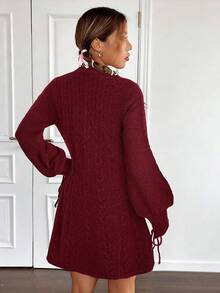 SHEIN EZwear Cable Knit Lantern Sleeve Sweater Dress In Fall/Winter - Burgundy - View 2