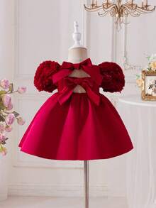 SHEIN Babygirl Cute & Elegant Red Floral Mesh Short Sleeve Dress - Multicolor - View 2