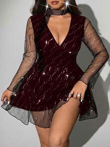 Viva Relle 大码女式网纱亮片V领系腰修身休闲连衣裙 - 酒紅色 - 查看 4