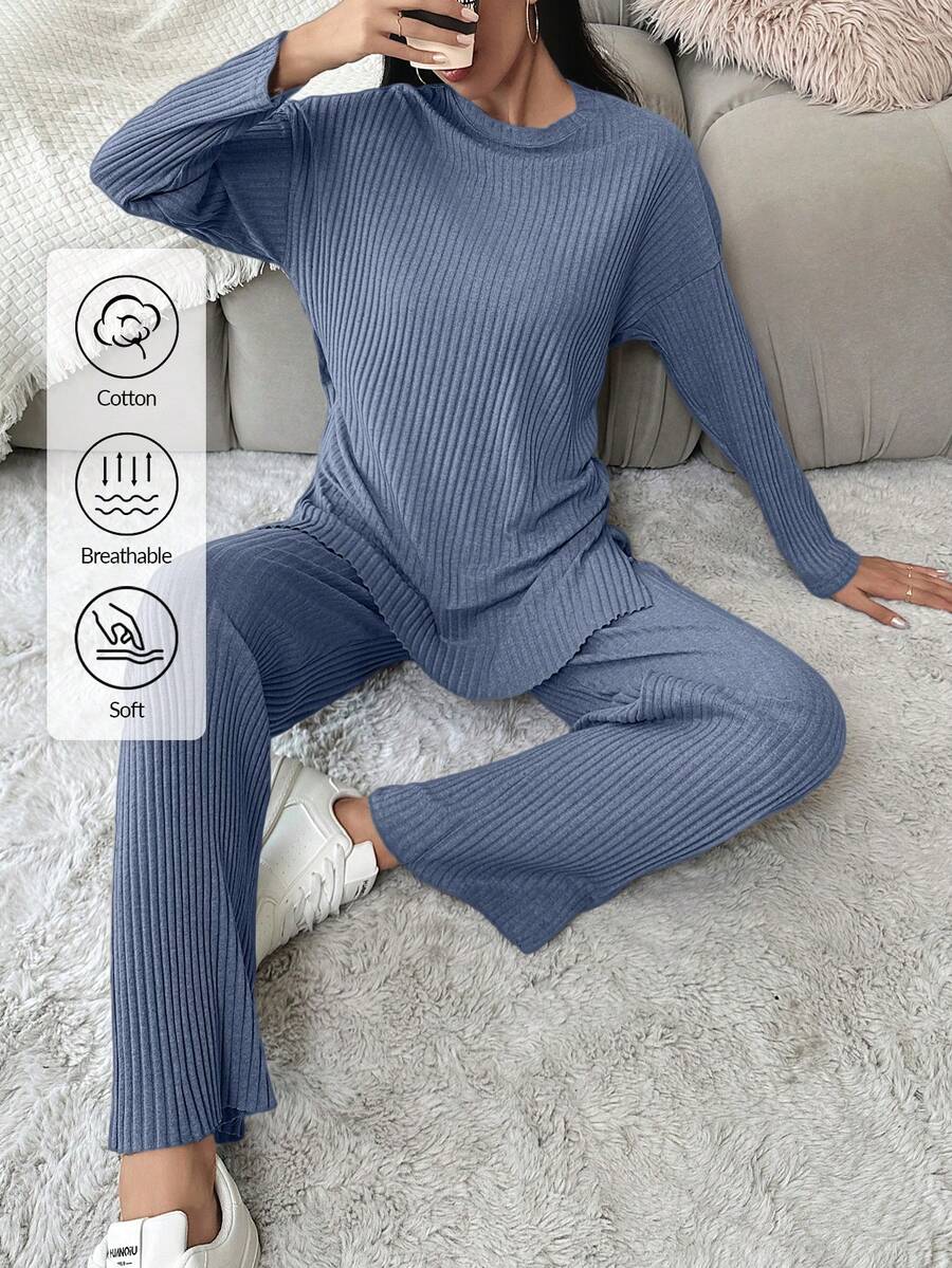 EURMUSE Cotton Women's Solid Color Ribbed Top And Pants Set With Slit, Casual Outfit - Blue - View 1