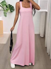 SHEIN EZwear 女士不对称领口无袖休闲连衣裙，夏季连衣裙，内置胸罩，浅粉色 - 淺粉色 - 查看 4