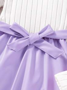 SHEIN 1pc Teen Girls Elegant Long Sleeve Ribbed Knit White Top Patchwork Lavender Skirt,Modest Crew Neck Autumn Dress For Party,Sweet & Ladylike Style - Mauve Purple - View 6