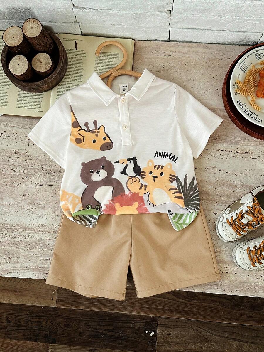 2pcs/Set Young Boy Cute Animal Pattern Polo Collar Casual T-Shirt And Shorts Set - Multicolor - View 1