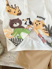 2件套男童可爱动物图案POLO领休闲T恤和短裤套装 - 彩色 - 查看 3
