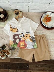 2件套男童可爱动物图案POLO领休闲T恤和短裤套装 - 彩色 - 查看 5