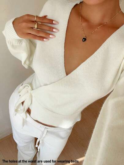 Flirla Casual Versatile Solid Color Wrap Tie Front Cardigan