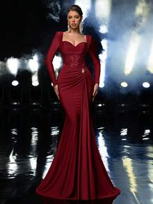 Glamrae 优雅奢华的串珠亮片拼接弹力针织美人鱼长裙，长袖设计，适合婚礼、派对、度假、盛大晚宴和正式场合。 - 酒紅色 - 查看 8