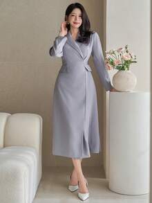 DAZY Vestido largo de unicolor elegante con cuello de blazer y bolsillo falso para mujer, primavera/otoño - Azul - Ver 5