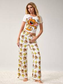 TOM & JERRY X SHEIN Bộ đồ ngủ 3 món dành cho nữ, gồm áo croptop tay ngắn in chữ hoạt hình dễ thương, quần ống rộng và quần short, thích hợp cho mùa xuân, hè và thu. - Màu vàng - Xem 2