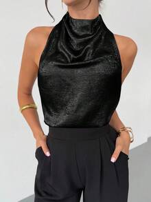 Firerie Women's Elegant Sexy Delicate Romantic Party Daily Commute New Metallic Coated Backless Halter Champagne Color Blouse - Black - View 6